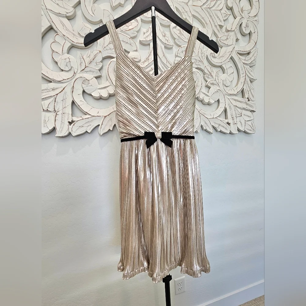 NWT Bonnie Jean Formal Gold Pleated Dress with Black Bow Girls Size 16